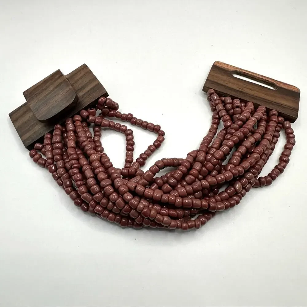 Bali Maroon Brown 14 Strand Bead Bracelet Wood Clasp Hard Wood Boho Casual